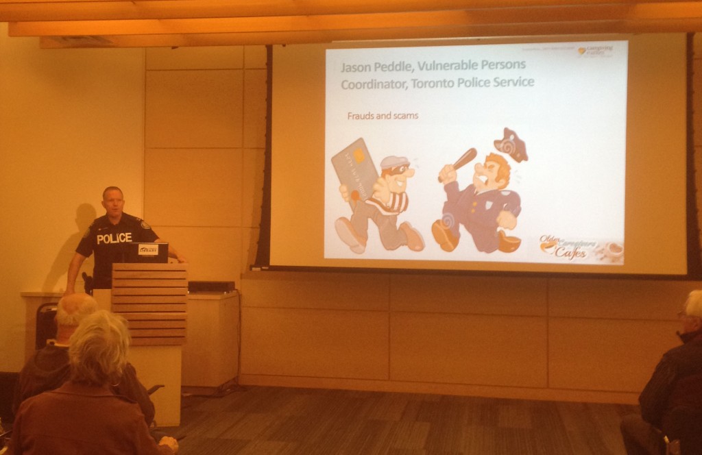 In his presentation, Frauds and Scams, Constable Jason Peddle, Vulnerable Persons Coordinator, Toronto Police Service, spoke about some of the current frauds and scams against older, often isolated people. He shared real life examples and statistics to help people be more prepared and able to deal with predators of their assets.
